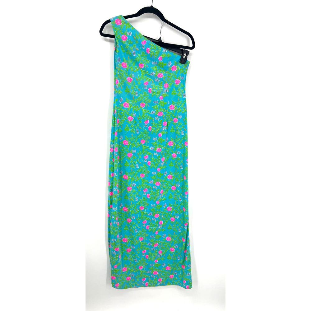 VTG Vanda Key West VIBRANT Blue Green Floral Pink One Shoulder Maxi Dress Size 6 - Picture 9 of 16